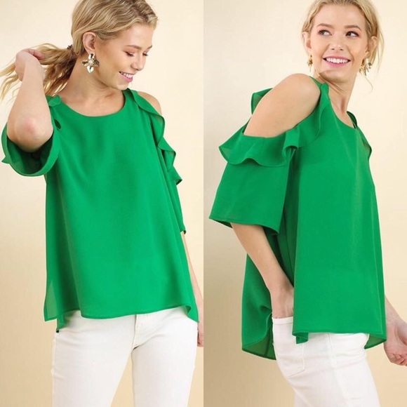 Umgee Tops - Umgee Green Cold Shoulder Ruffled Top